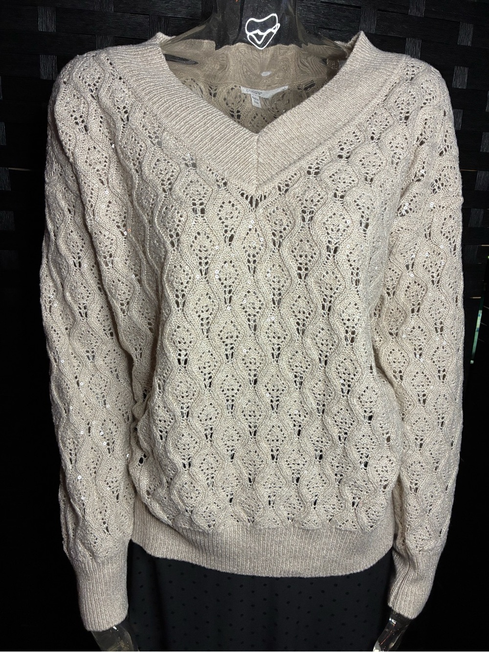 Chico's Openwork V-Neck Sweater in Light Beige